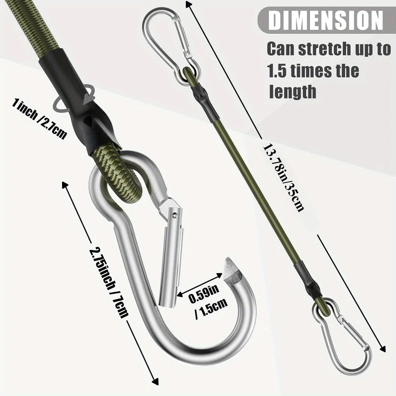 4 cintos de borracha resistentes com ganchos de metal, 13,78 polegadas - preto e verde durável, perfeito para camping, mercadorias, bicicletas, barracas ao ar livre, porta-bagagens, equipamentos de estilo de acampamento |     Pulseira de borracha durável |     Correia de gancho de metal