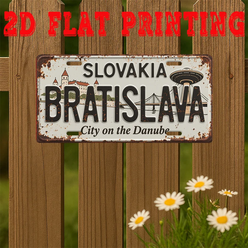 Plat 2D, Plat 2D - Panneau Imprimé 2D, 1 pièce, Panneau Vintage en Métal Aluminium, Panneau de la Ville de Bratislava sur le Dan