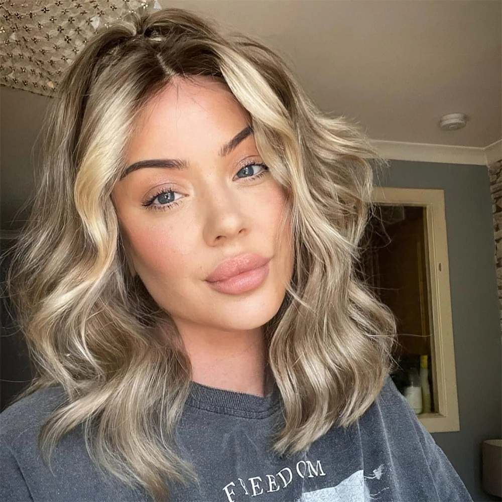 

14” Balayage Blonde Highlights Wig Shoulder Wavy Bob Wig Rooted 100% Premium Virgin Human Hair Wig HD 13x6 Lace Front Wig 150%