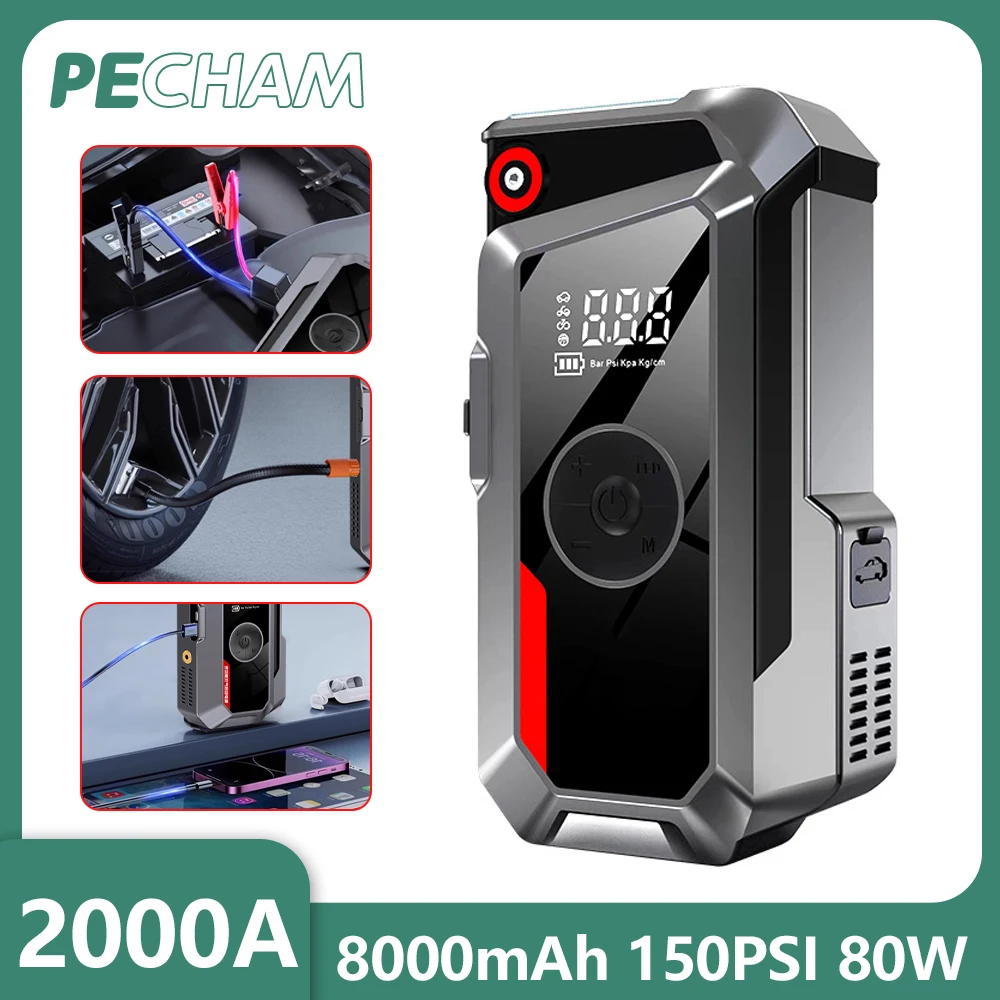 4 In 1 Car Jump Starter Air Pump Power Bank Lighting Portable Air Compressor Cars Battery Starters Starting Auto Tyre Inflator