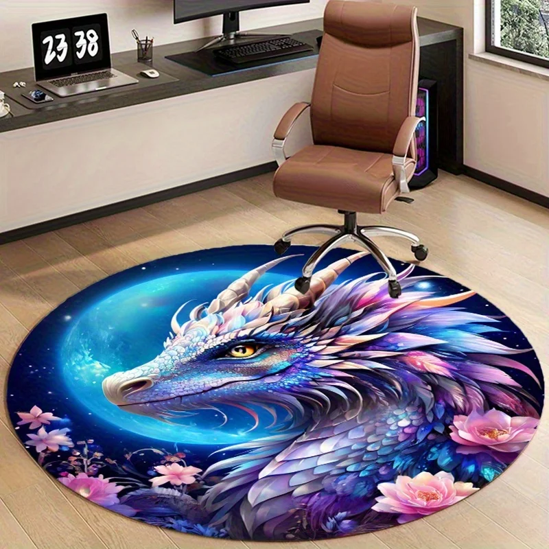 

Crystal velvet carpetMoon Dragon Flower Round Area Mat - Non-Slip Polyester Carpet with Vibrant 2D Flat Print Design, Perfect fo