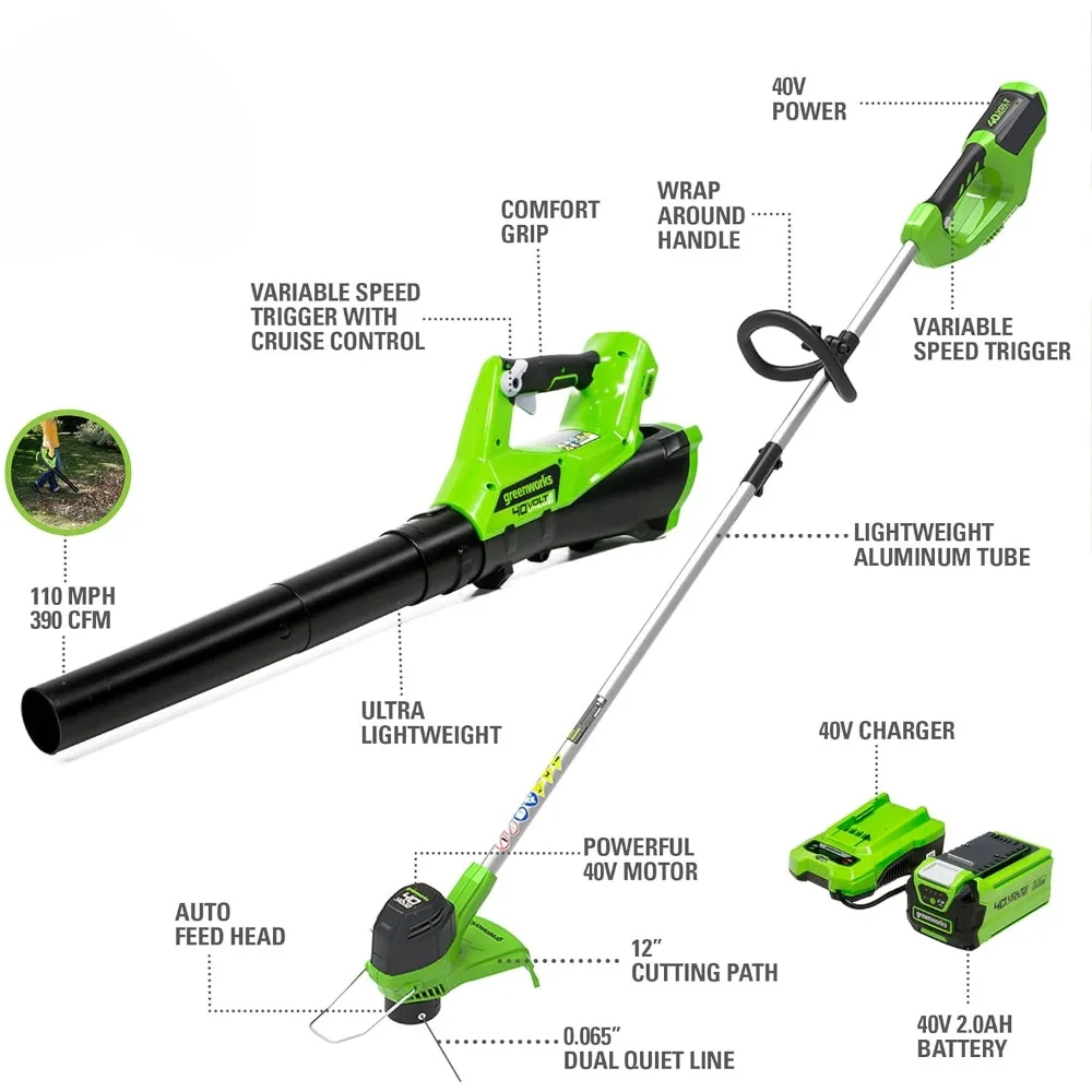 for 40V Cordless String Trimmer and Leaf Blower Combo Kit, 2.0Ah Battery and Charger Included