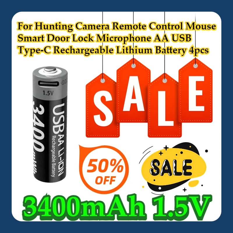 

For Hunting Camera Remote Control Mouse Smart Door Lock Microphone 1.5V AA 3400mAh USB Type-C Rechargeable Lithium Battery 4pcs