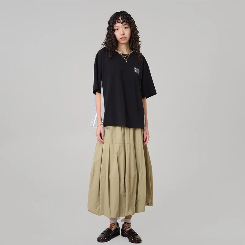 MOVEUP Short Sleeves Round Neck T-shirt 2026 Summer New Cartoon Woven Label Splicing Contrasting Striped Loose Top 3ELX10596