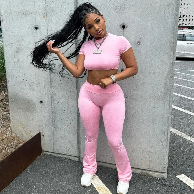 

Europe and America Summer New Fashion Slim Crop Top + High Waist Pants Two Piece Set Women Vestidos