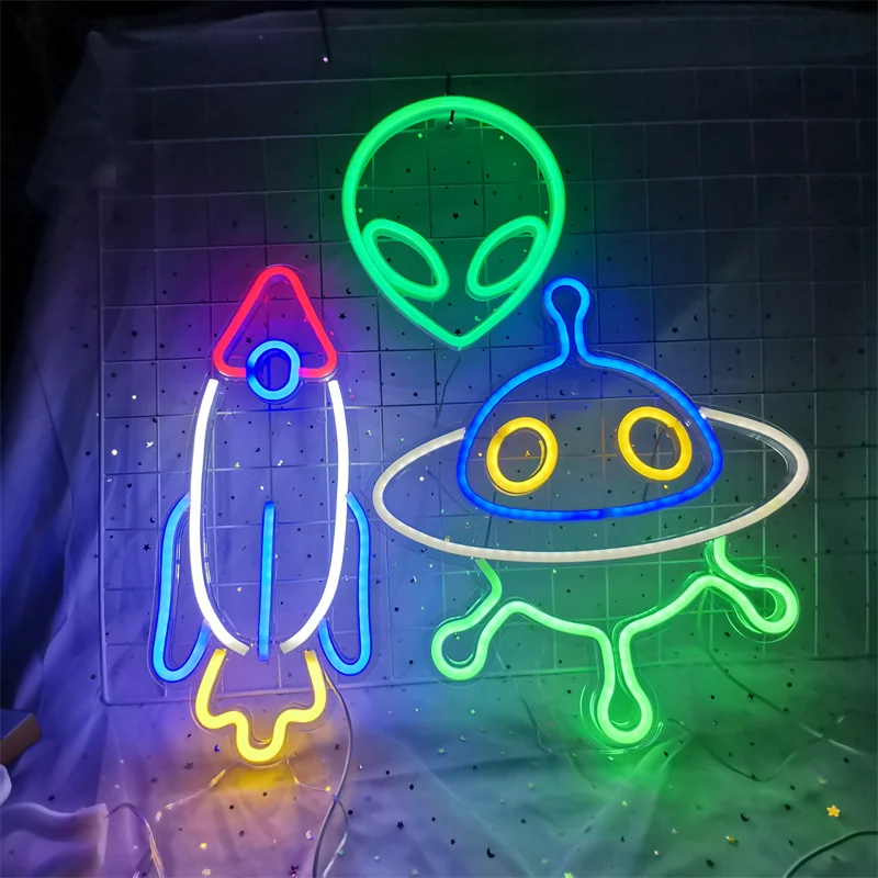 UFO Alien Spaceship Universe LED Neon Light Signs Blue Yellow Neon Lights for Bedroom Acrylic Neon Wall Light Signs