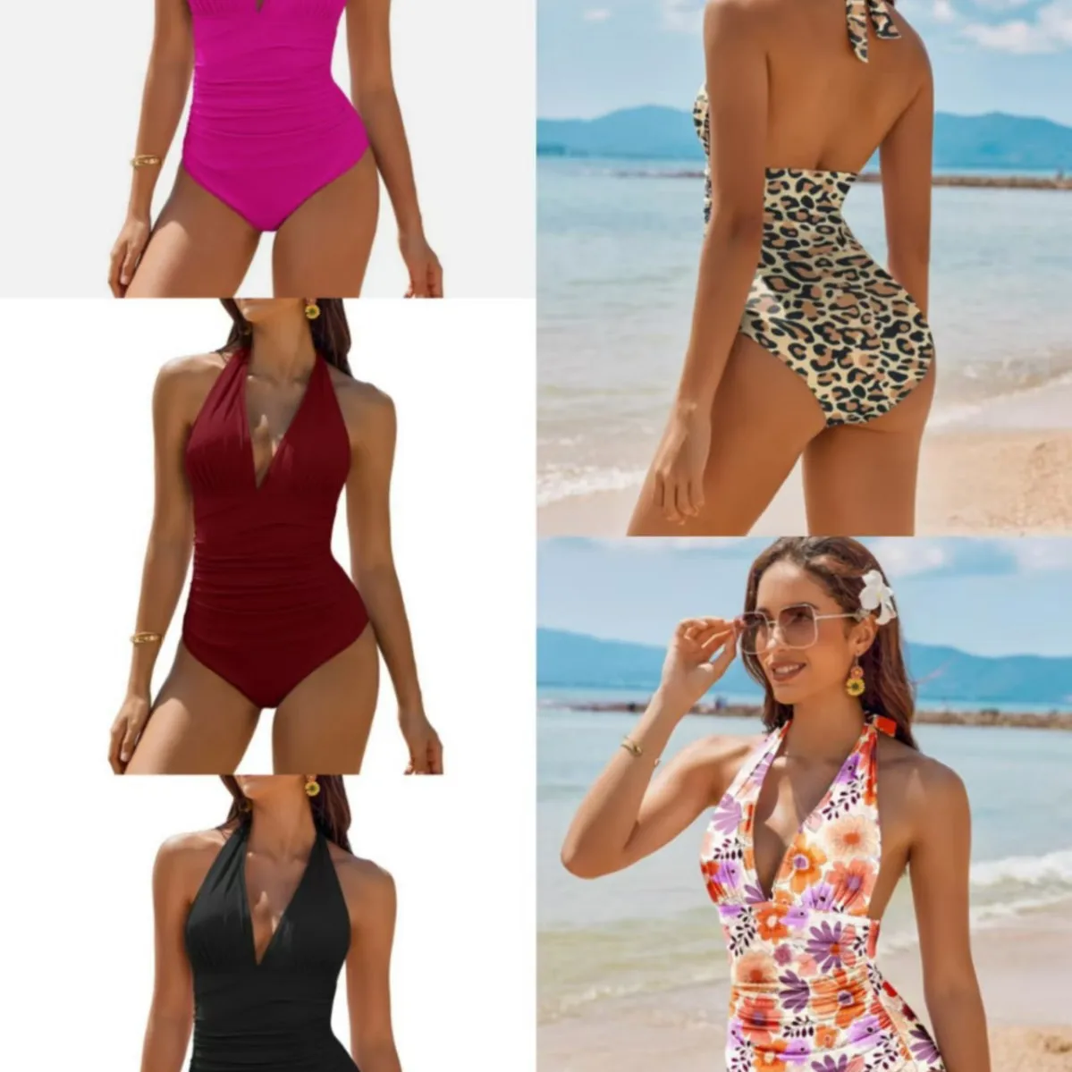 

Sexy Deep V Swimsuit Pure Color Tie Ne Print Swimwear for Women Fixed Chest Pad No Sve Surfing Swimming Suit