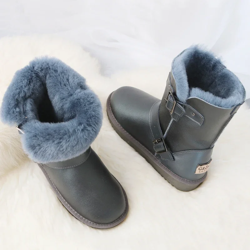 G&Zaco Luxury Winter Sheepskin Snow Boots shearling Fur Boots Women Wool Boots Buckle Sheep Genuine Leather Female Calf Boots