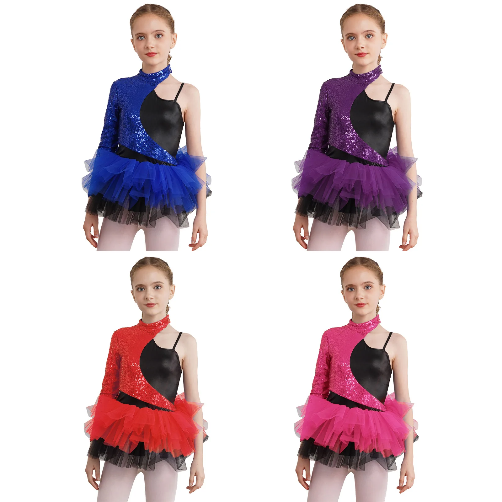 Girls Jazz Ballet Dance Costumes Shiny Sequins Gymnastics Leotard Dress Asymmetrical Sleeves Tulle Skirt Stage Tutu Dancewear