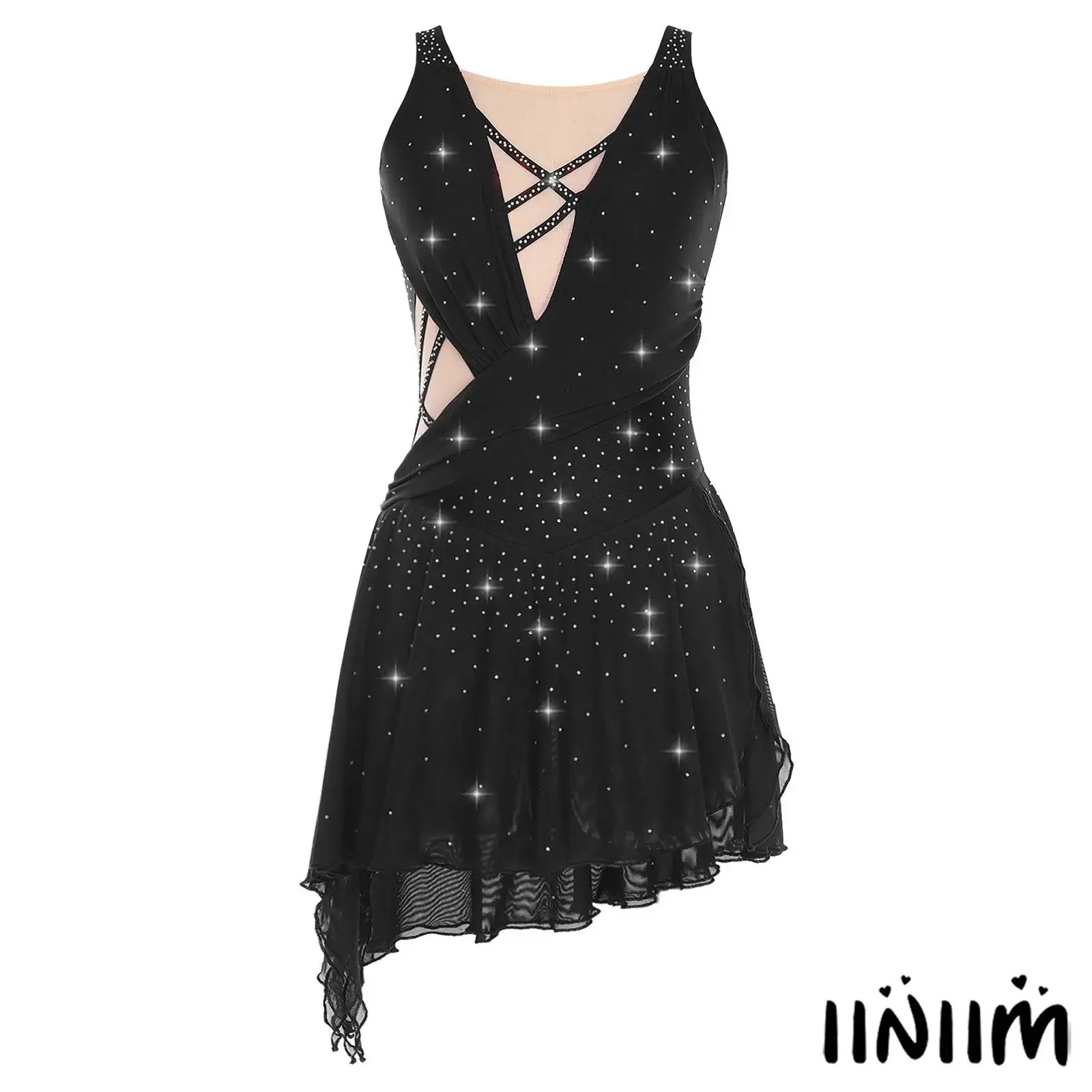 

Womens Latin Jazz Dance Competition Dress Flowy Asymmetrical Hem Side Slit with Crotch Buttons Lyrical Salsa Dresses Dancewear