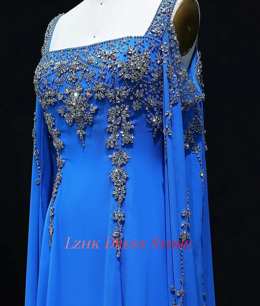 Vestido de noche personalizado de gasa exquisito, corte en A, tirantes finos, cuentas de cristal, vestidos de fiesta sexis de manga larga con cuello cuadrado