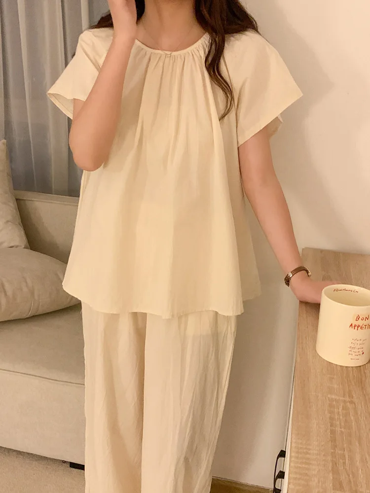 Home Solid Simple Cute Japanese Style Short Sleeved Pajama Set Women Loose Vacation Two Piece Set Casual Suit Elegant Sleep Tops