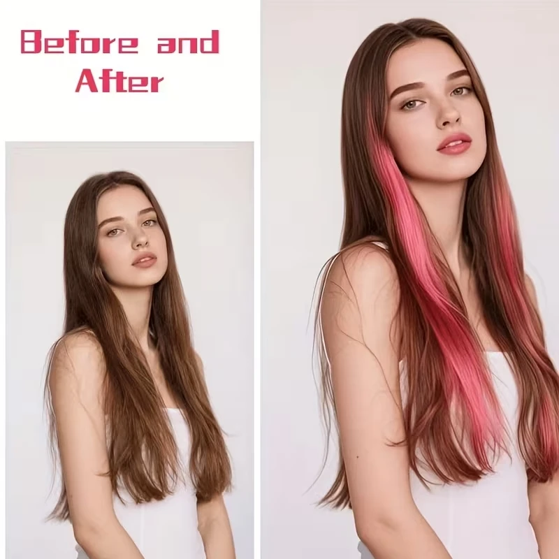 22 Zoll Synthetische 6-teilige Lange Glatte Haarverlängerung, Farbige Regenbogen-Hochtemperaturfaser-Haarteil für Frauen, Täglicher und Party-Gebrauch – Detail 5