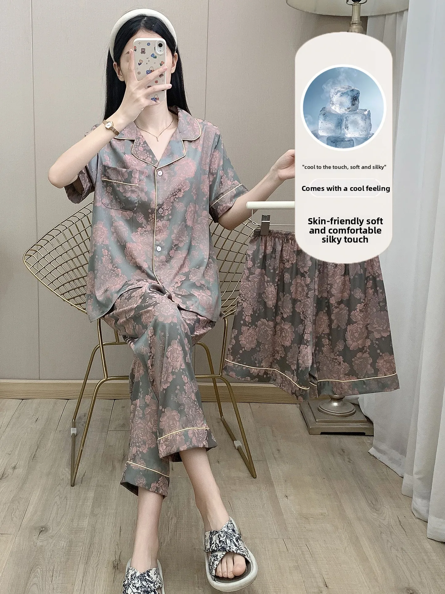 three-piece-ice-silk-short-sleeve-sleepwear-women's-lightweight-home-clothes-fashionable-luxury-feel-summer-thin-home-clothes