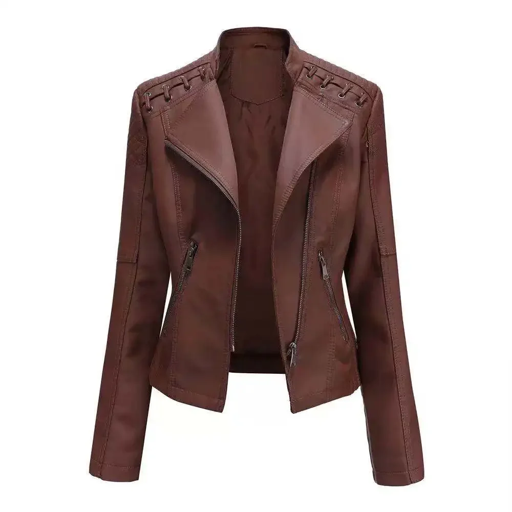 New 2024Turn-down Collar PU faux Leather Jackets Women Luxury Jacket Black Pink Red Biker Coat