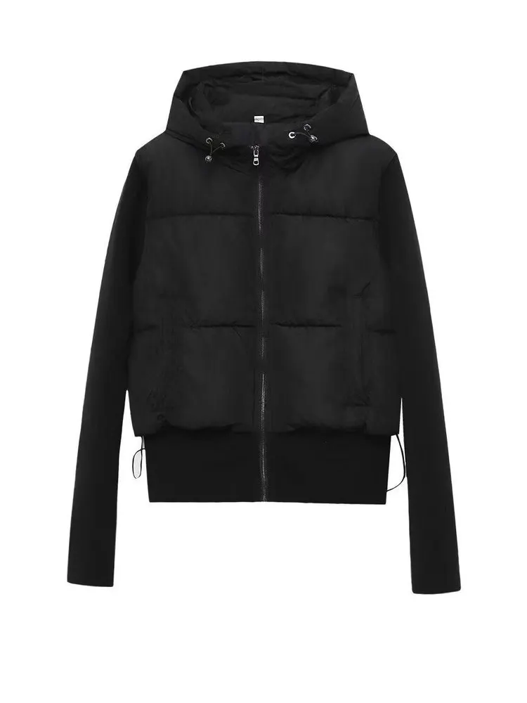 New Autumn Winter Bla Casual Patchwork Cotton Jaet Women's Hooded Coat Warmth Outerwear Korean Sle Straight Cut Long Sl...