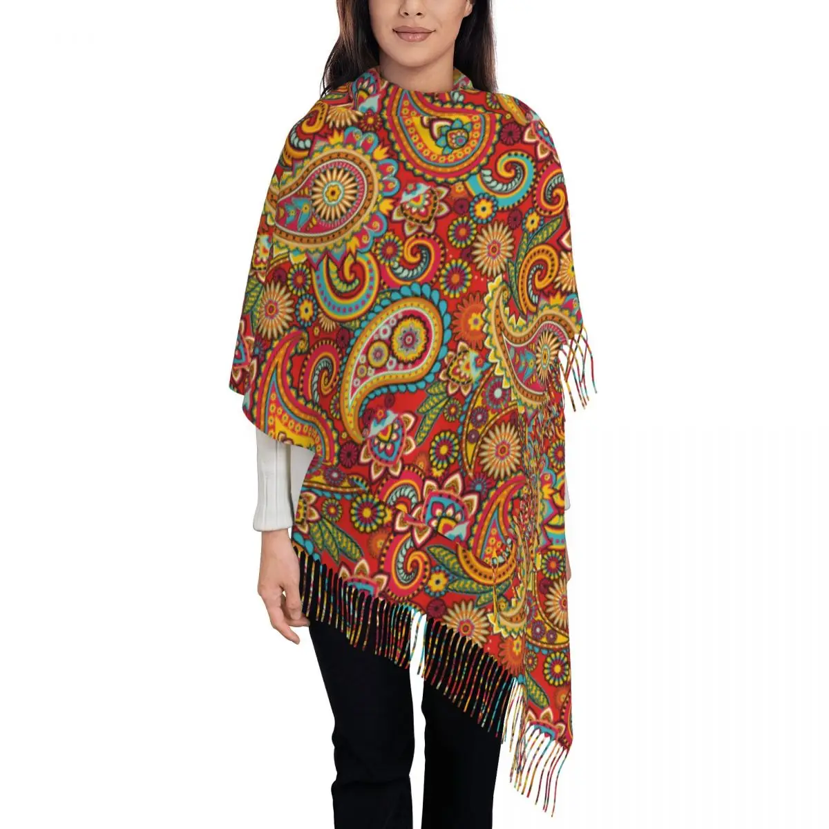 

Женская длинная Этническая бандана в богемном стиле с рисунком Пейсли, женская мягкая теплая шаль с кисточками, шарф