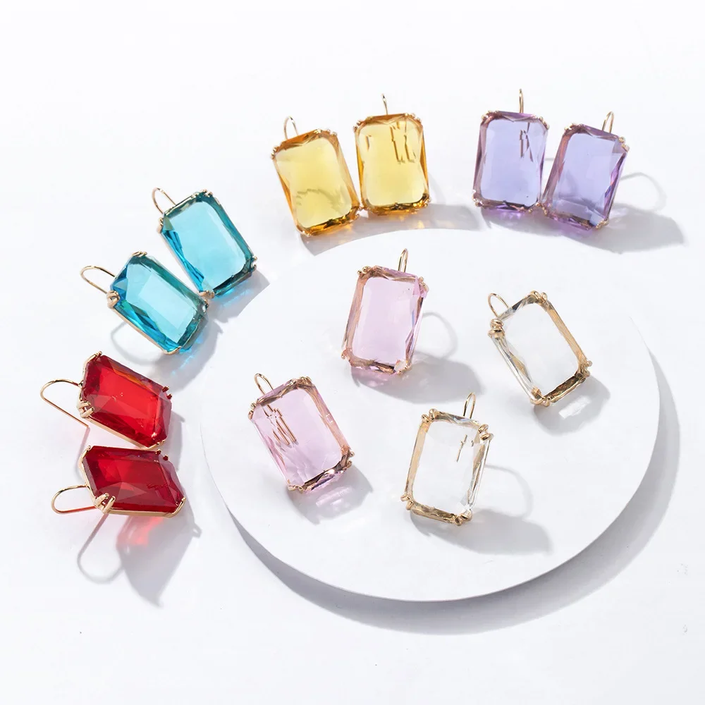 Statement Exaggerated Simple Square Resin Big Candy Color Clear Stone Pendant Hook Drop Earrings for Women Party Jewelry