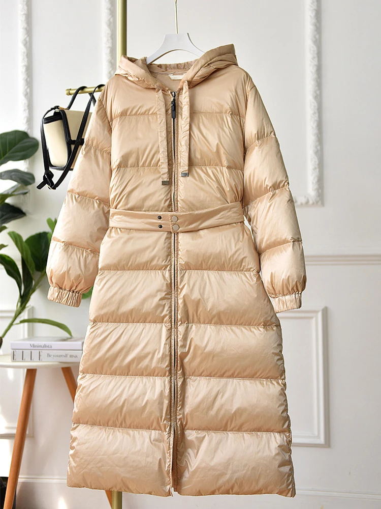 Luxury champagne color Long down jacket Warm 2024 Winter Elegant Hooded zipper puffer coat Fluffy With belt Clothes INKEO 3O316