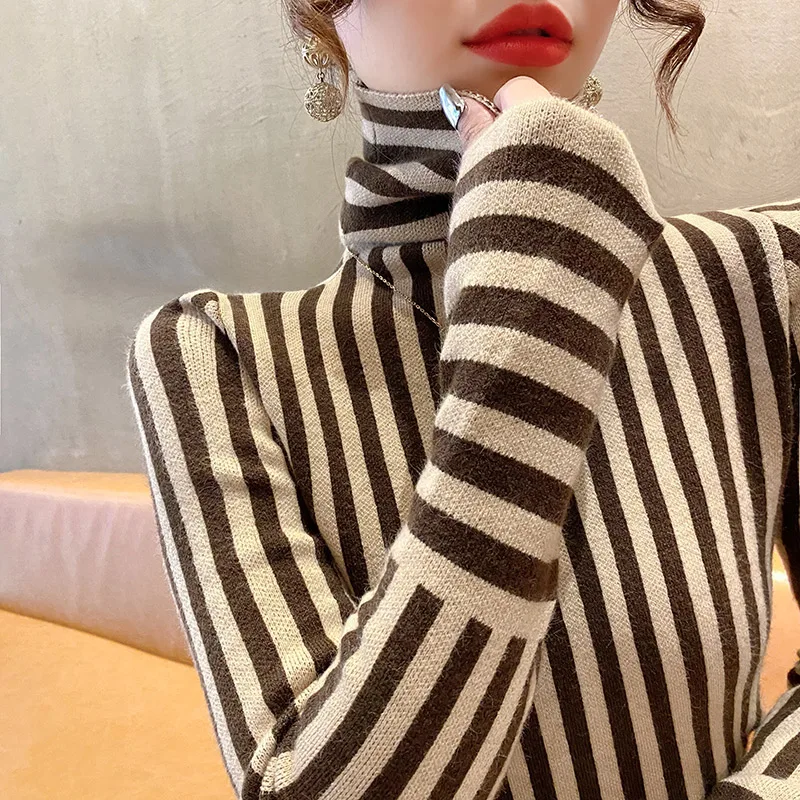 Autumn Winter Elegant All-match Striped Knit Pullovers Women Clothing Fashion Slim Long Sleeve Turtleneck Pullovers Lady Y2k Top