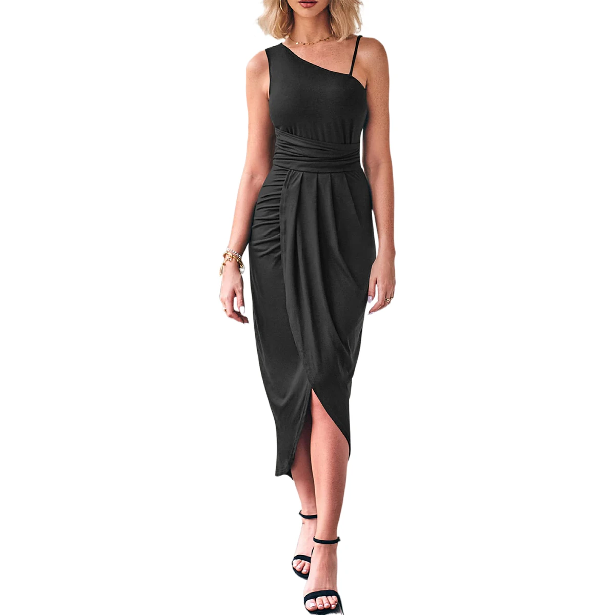 

New Asymmetrical Ruched Oblique Shoulder Slim Fit Mid Dress for Women