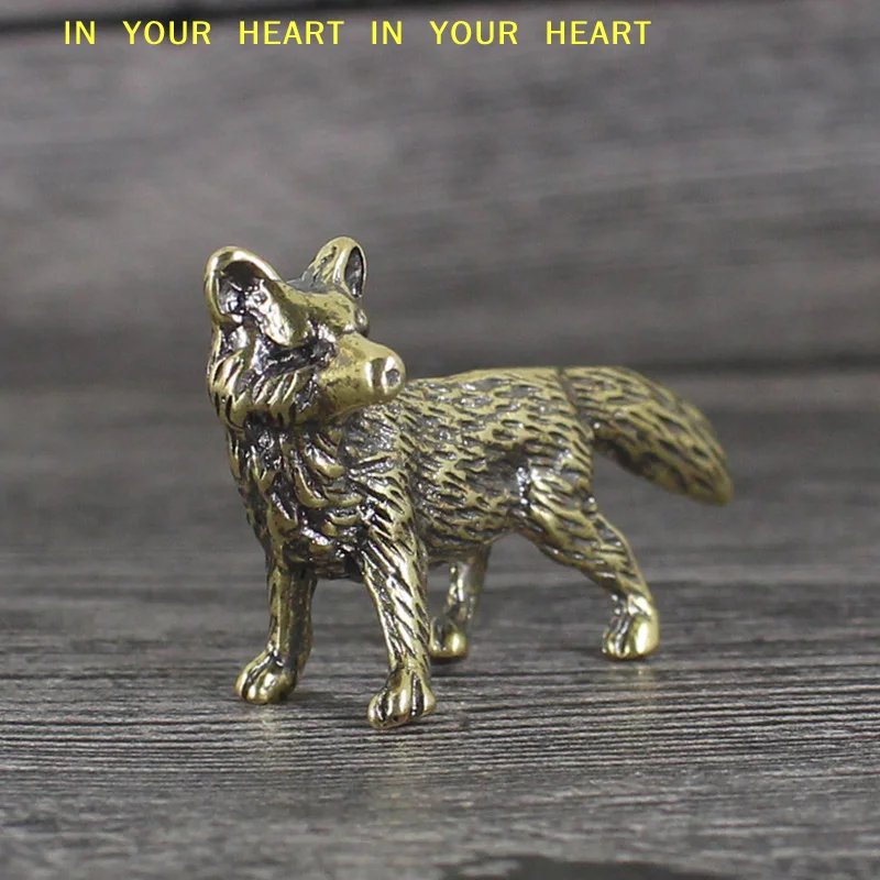 【X】Desktop Trinkets Solid Brass Fox Figurines Miniatures Desk Ornaments Tea Pet Crafts Retro Small Animal Statue