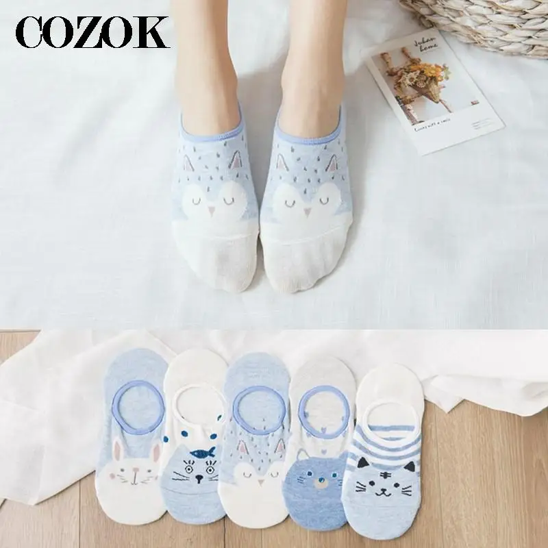 10pcs=5pairs/lot Summer Cotoon Socks Women Cartoon Animal Head Lovely Girls Women Boat Socks Invisible Silica Gel Sock Slippers image 2
