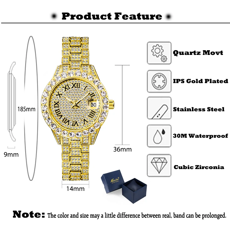 MISSFOX Watch For Women Full Diamond Gold Pink Small Wristwatches For Feamale Calendar Waterproof Stylish Elegant Watches New