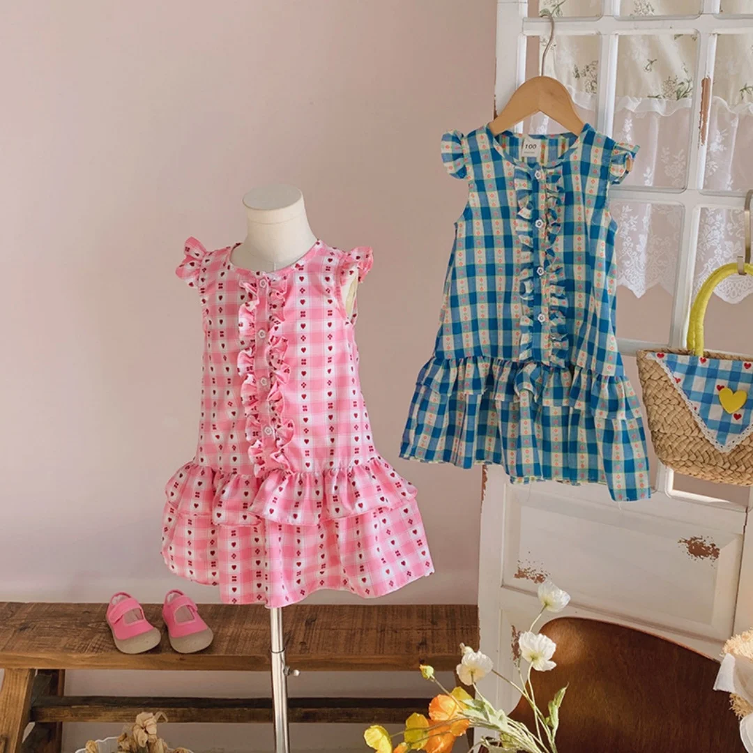

Party Dress Summer 2026 Korean Style Girls Dress Plaid Skirt Pleated Children's Cake Skirt Princess Skirt New Arrival