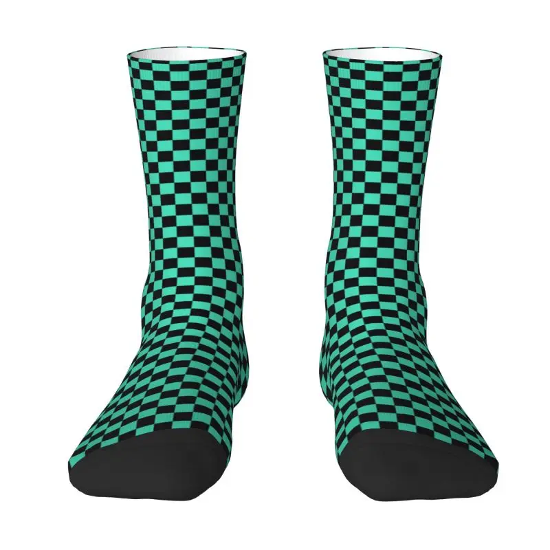 Custom Black And White Geometric Checkered Men's Crew Socks Unisex Funny Spring Summer Autumn Winter Dress Socks