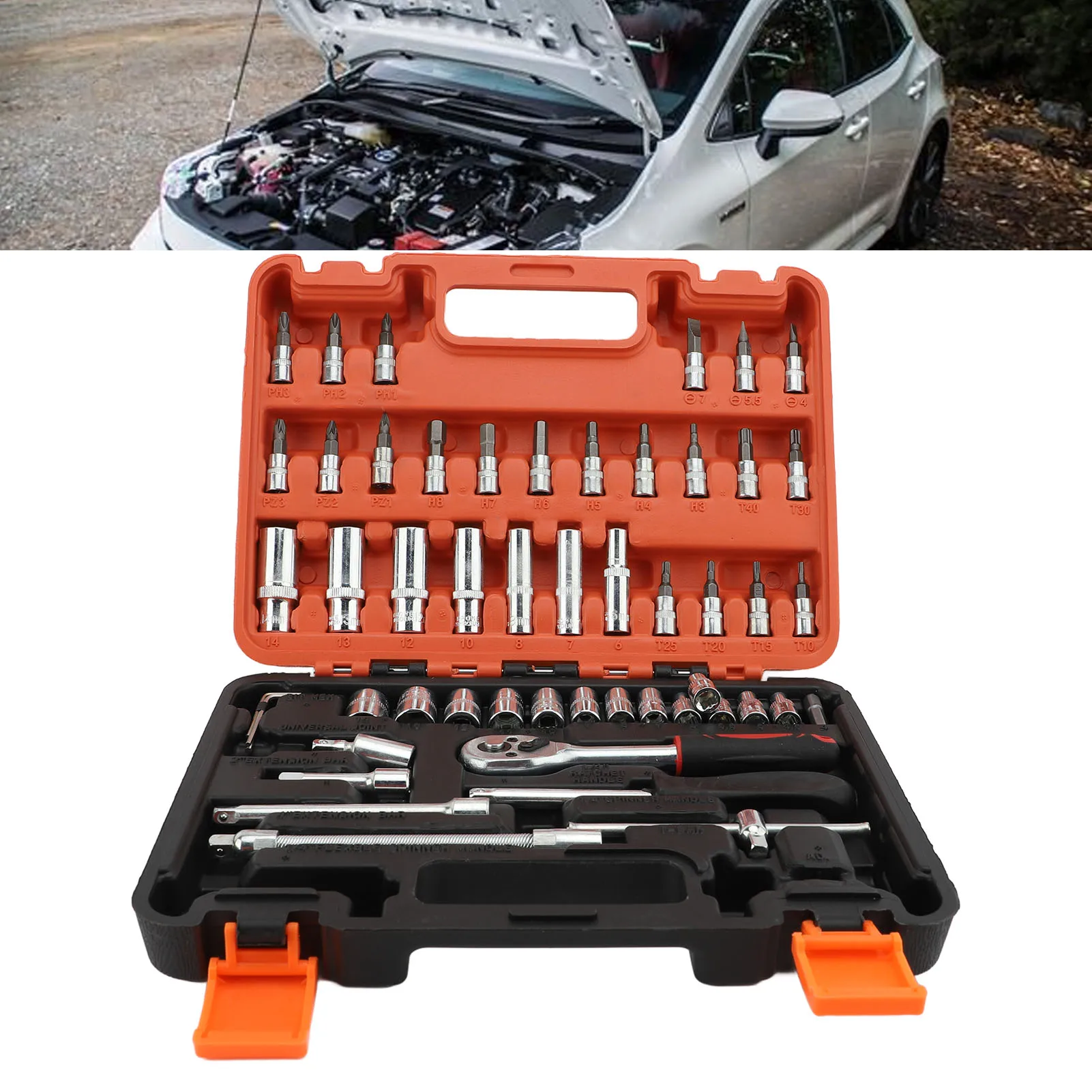53Pcs Automotive Socket Wrench Set High Hardness Steel Professional Ratchet Car Repair Tool Kit with Storage Box