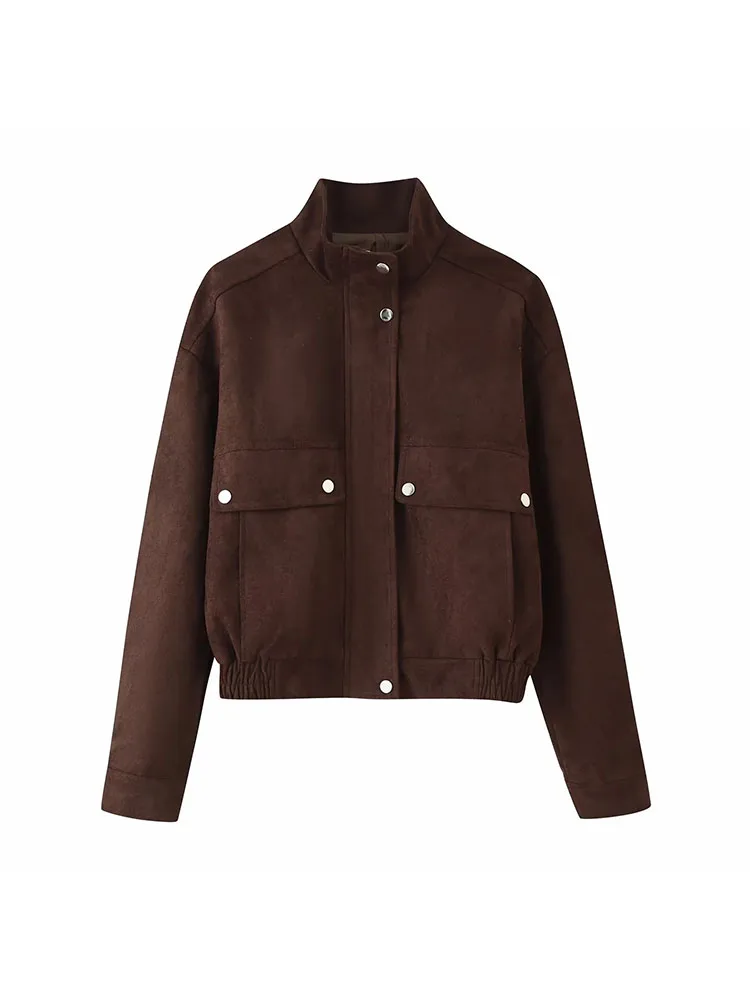 

Женская осень-зима 2021, винтажная замшевая куртка на молнии, пальто, однобортный воротник-стойка, свободный уличный шикарный топ с длинными рукавами