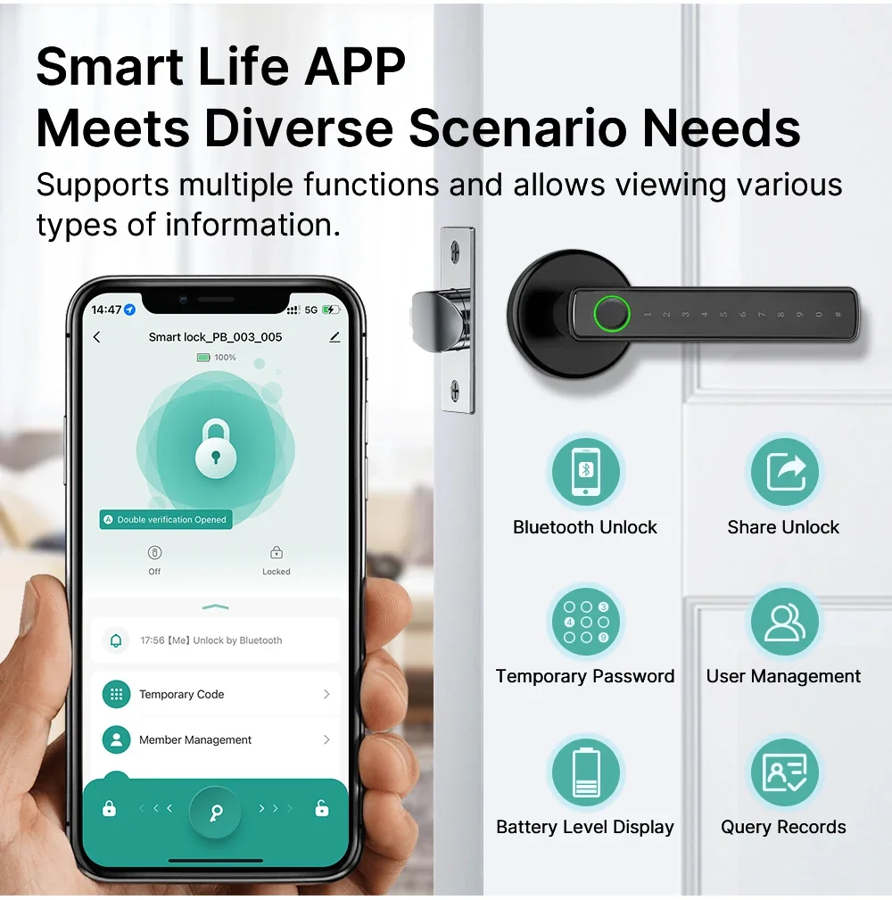 

Умный дверной замок Milfra Tuya с функцией распознавания отпечатков пальцев, цифровой электронный замок с возможностью разблокировки по паролю/ключу/через приложение Smart Life/Tuya.