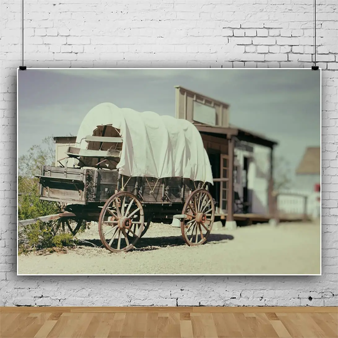 Ancient Old Wagon Photography Backdrop Wooden Old Town Scene Rustic Style Rural Retro Town Wall Hanging Background Poster