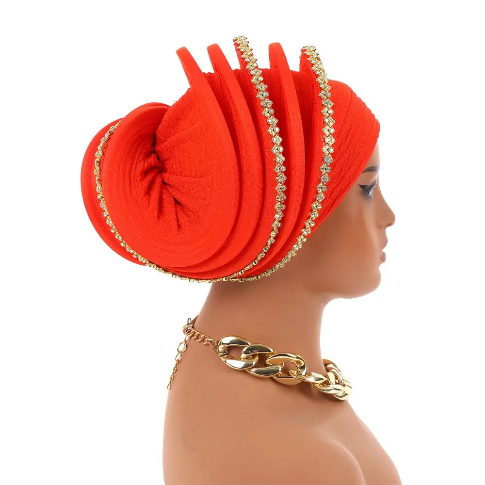 Luxury Rhinestone Decor Spiral Turban Sparkling Ethnic Pre-Tied Head Wrap African Turban Cap For Women Ladies