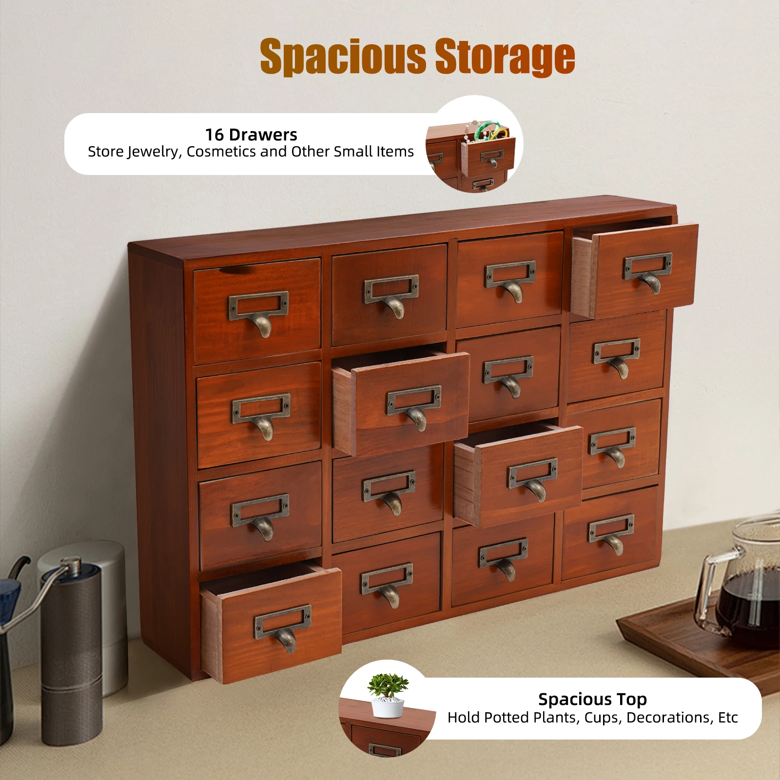 Pine Wood Storage Cabinet with 16 Drawers Classical Cabinet 8mm Drawer Organizer Storage Tower