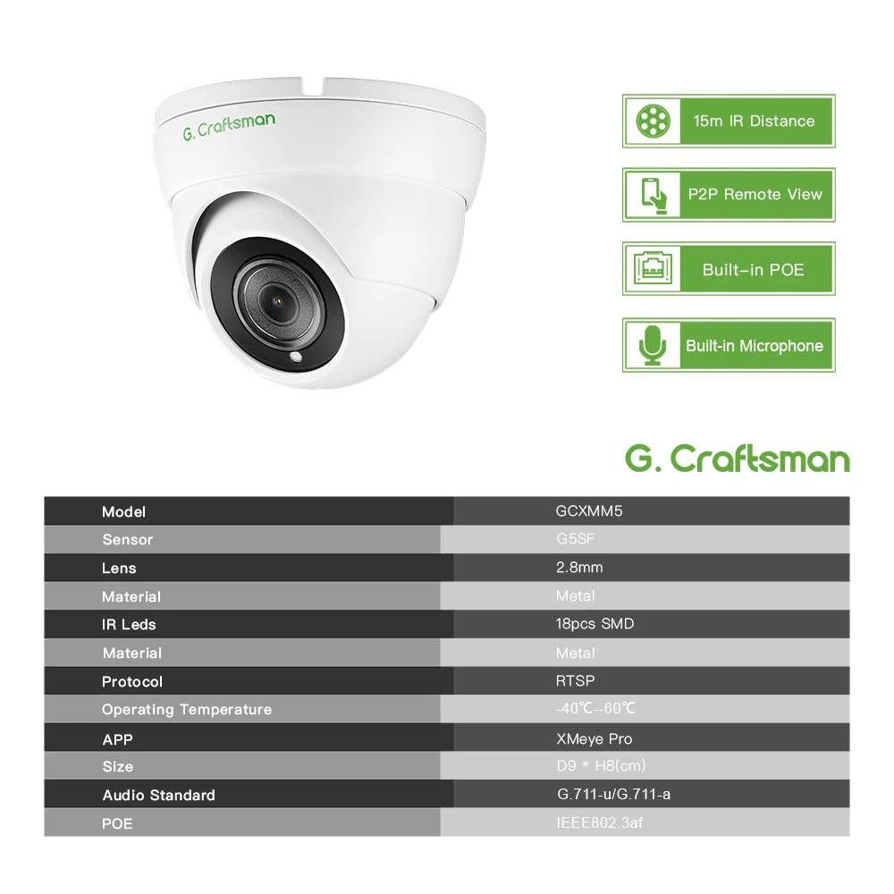 RU 2,8 mm 5 MP POE Wewnętrzny szeroki kąt widzenia Podczerwień Onvif CCTV Nadzór wideo Bezpieczeństwo G.Craftsman