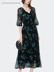 Women' Chiffon Dress For Summer Short Sleeve V-Neck High Waisted A-line Long Dresses Butterfly Printed Female Work Casual Dress