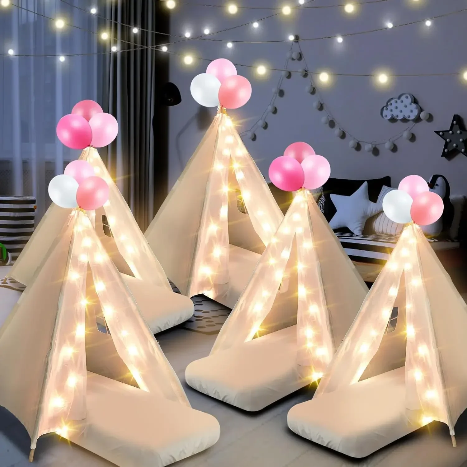 

Hot.6 Pack Teepee Tent for Kids Bulk with Inflatable Airbed,String Light and Fitted Sheet, Natural Cotton,NEW