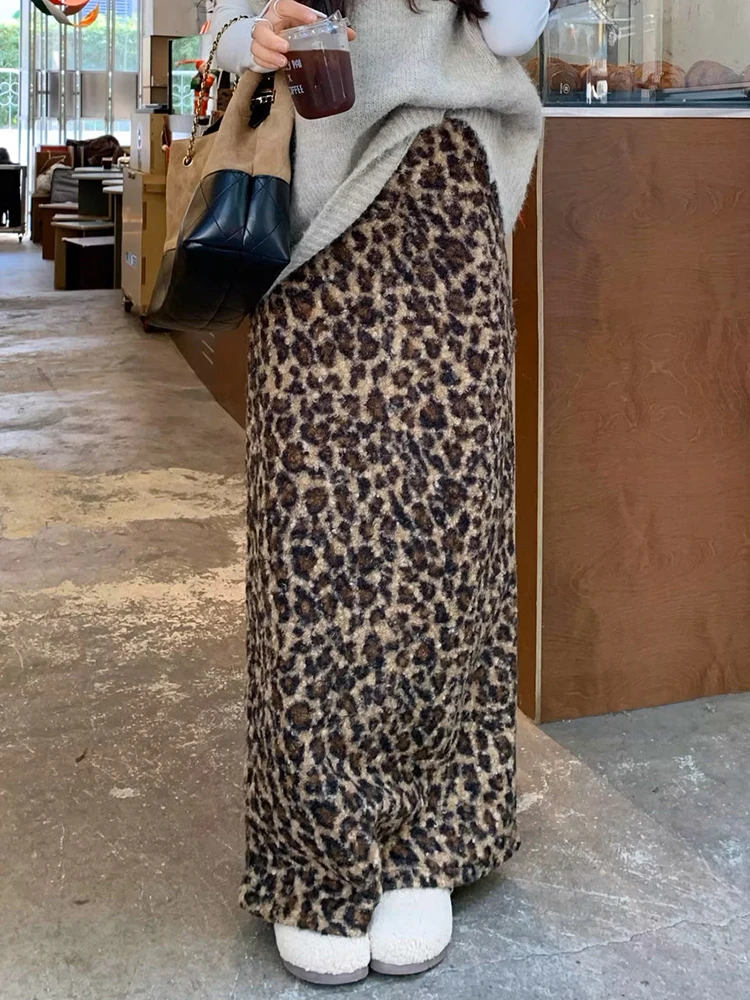 Retro Leopard Long Skirt Women Faux Lamb Slim Streetwear Back Slit Y2K Skirts High Waist Fall Winter American Harajuku Skirt New