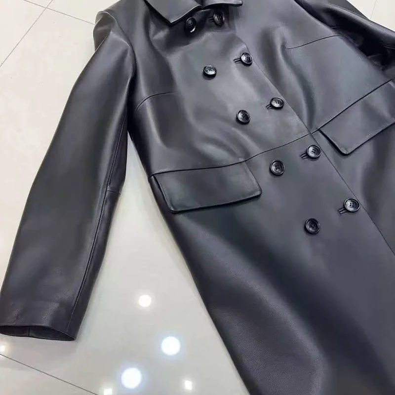 Genuine Leather Jackets for Women Mid-Length Double Breasted British Style High-Quality Plant Tanned Sheepskin Coat Windbreaker