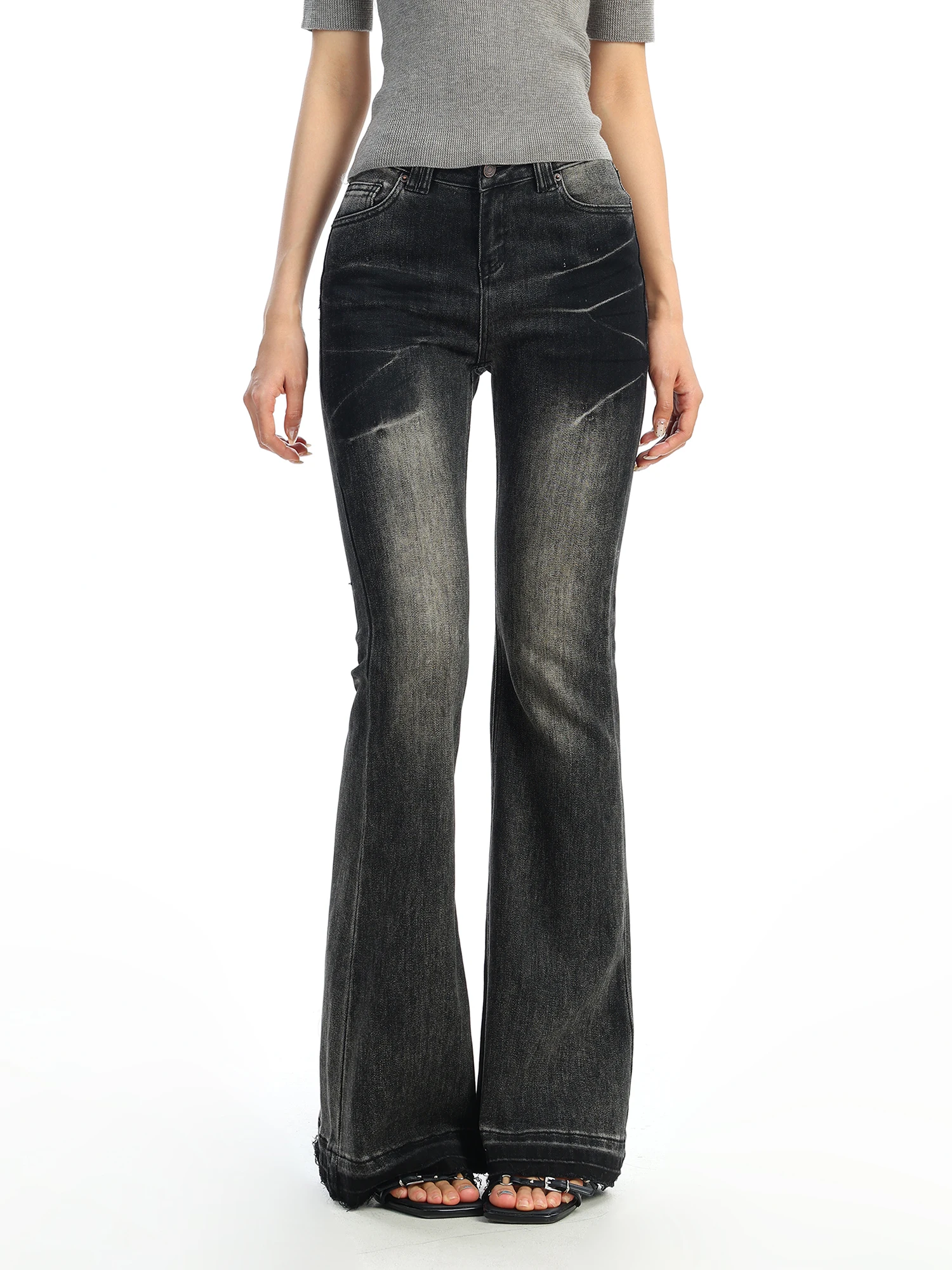 

Heavy Duty Graduated Washed Slimming Low Waist Bell Bottom Jeans Women's Retro Style Distressed Zipper Closure Straight Leg P...