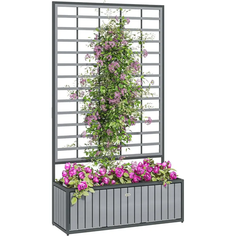 

Gray Wooden Raised Garden Bed with Trellis, Removable Pots, Drainage, 29x11x52 for Patio, Balcony
