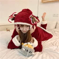 Winter Women Pajamas Christmas Red Reindeer Hooded Set Lounge Homewear Sleep Wear Warm Fluffy Comfy Cute Sweet Kawaii Pajama