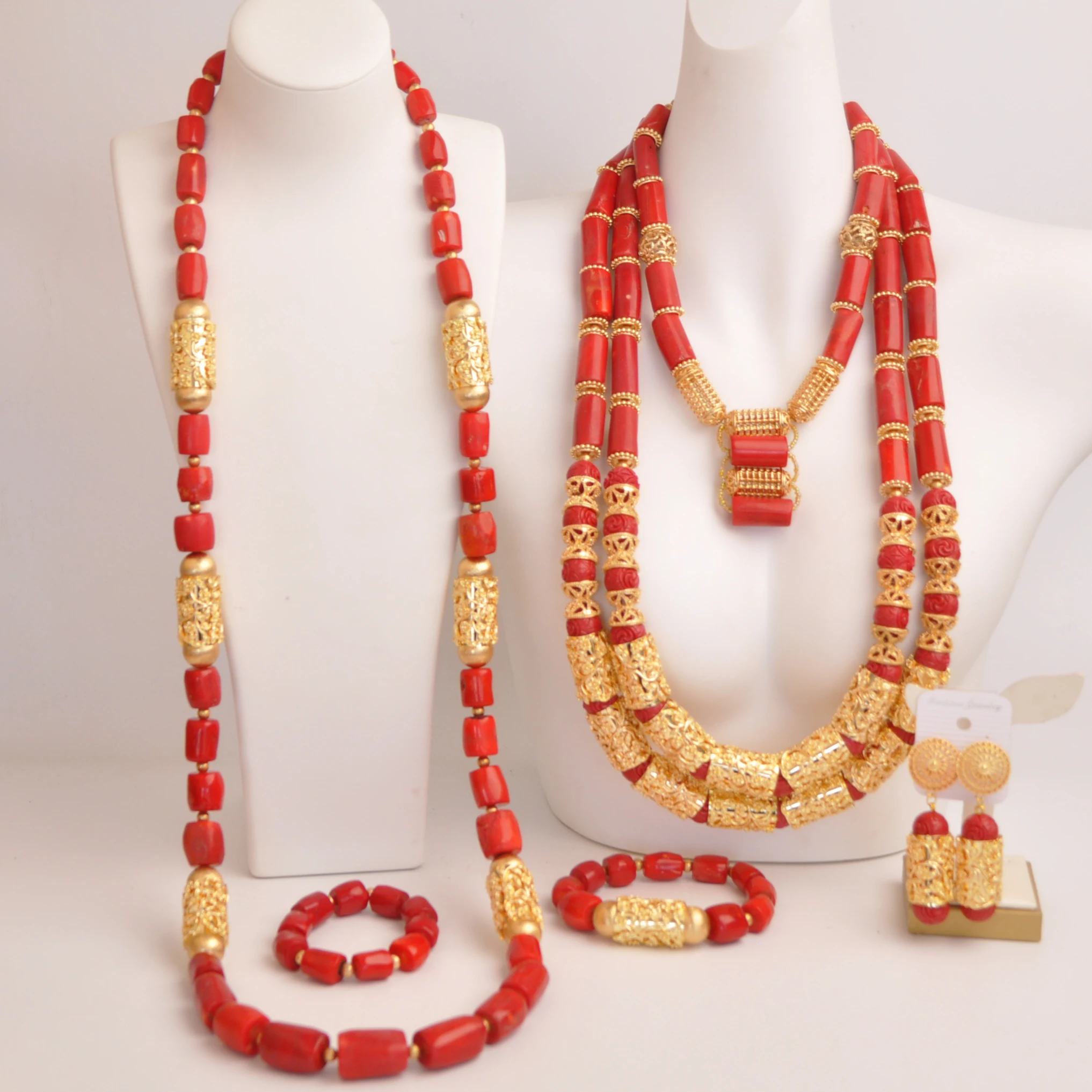 

Fashion Nigerian Wedding Red Real Coral Necklace African Coral Jewelry Set for Couple