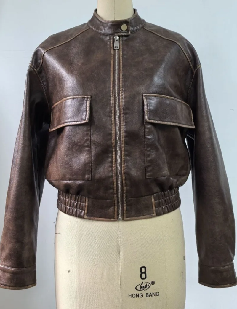 Damska kurtka skórzana vintage luksusowa stójka bomberka krótka kurtka motocyklowa odzież wierzchnia moda jesienne ubrania damskie