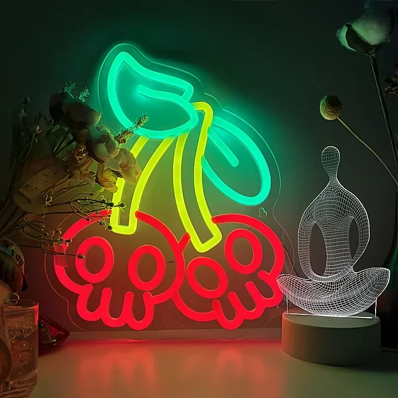 Cherry Neon Sign LED Wall Art USB Powered Acrylic Fruit Glow Lamp Cute Bedroom Kitchen Cafe Bakery Party Aesthetic Decor
