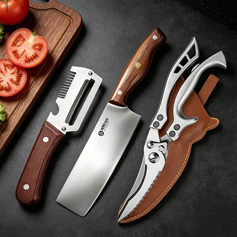 Professionelles Küchenmesser aus Edelstahl, Kochmesser, Schere, Mehrzweck-Obstschneider, Gemüseschäler mit Holzgriff