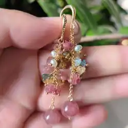 Handmade natural tourmaline + pearl +strawberry quartz earrings Jewelry Ear stud SOLID Lucky
