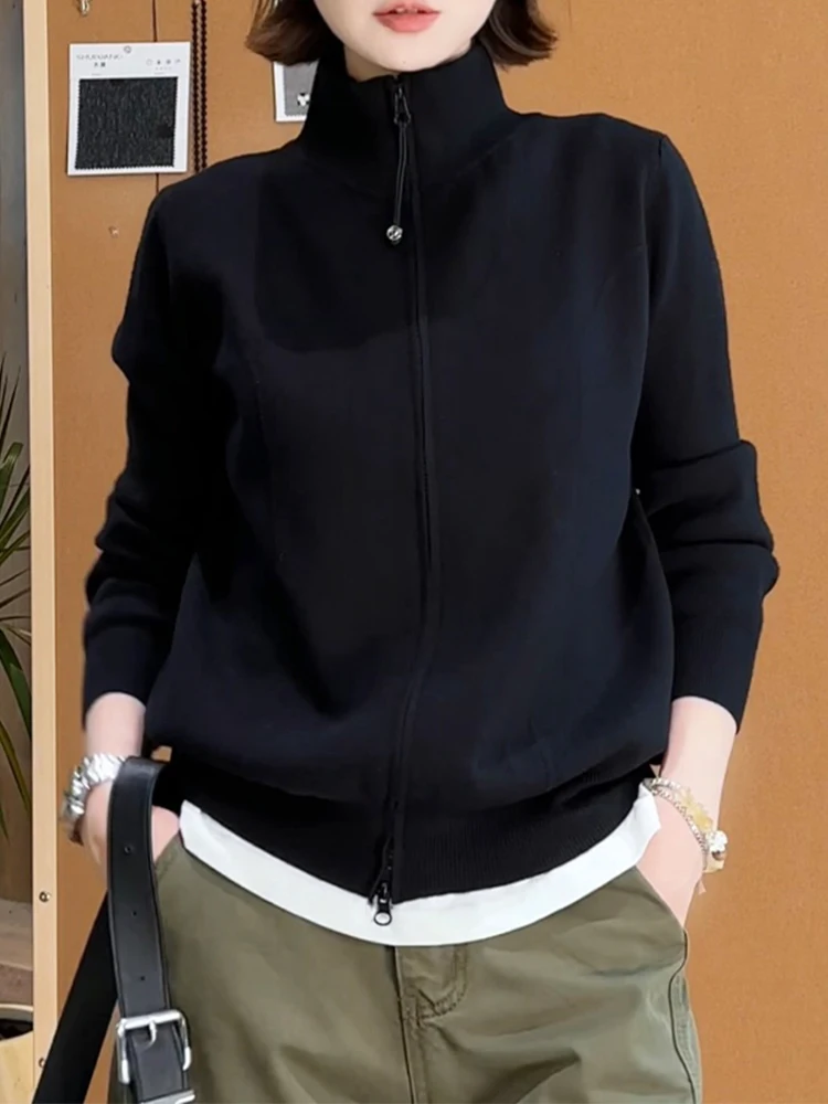 Double Zipper Casual Sle Knitted Sweater Women's Loose Fit Long Sve Stand Collar Lazy Faion Open Cardigan Top